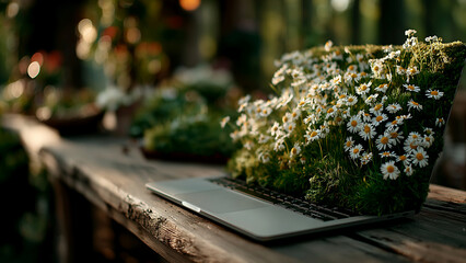 全体が真っ白なデイジーの花々に覆われたノートパソコン