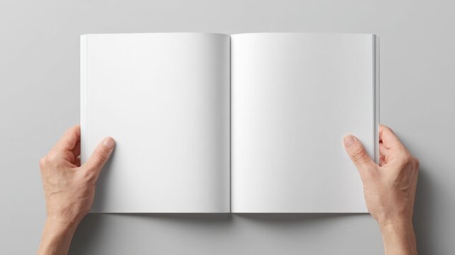 Hands holding an open blank book with white pages on a neutral background