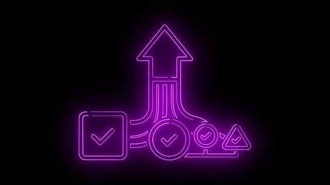 Neon-lit purple graphic illustration of a growing chart with checkmarks on a black background with a glowing effect.