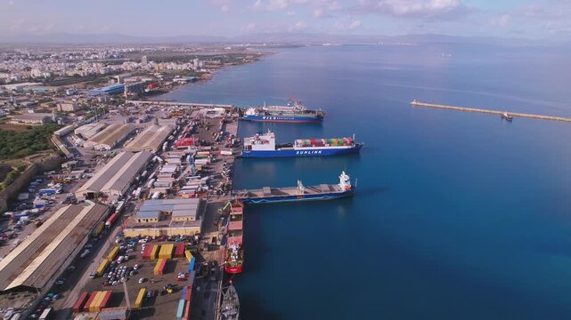 Drone Overhead of Port Operations: Container Loading and Unloading in Northern Cyprus Sunshine