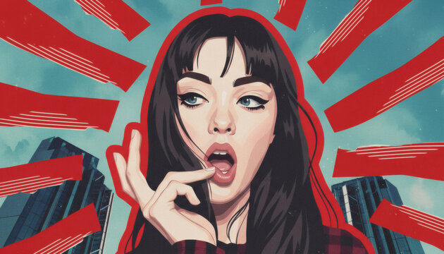 "A shocked girl with blue eyes centers a red sunburst effect against a cloudy city skyscraper sky."