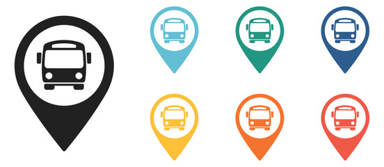 bus vector icons set with map mark illustration, public transport navigation symbols collection for city transit design, flat outline graphic elements isolated on white background. © MD FARIDUL