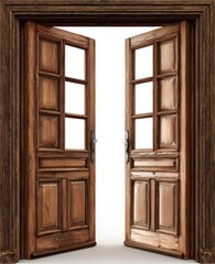 Obraz premium Antique wooden double doors opening to reveal a bright, inviting space