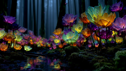 夜の森の中で色鮮やかに発光し並んで咲く幻想的な花々