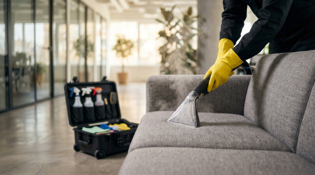 Professional cleaner in yellow gloves deep cleaning a sofa with an extractor machine in an office