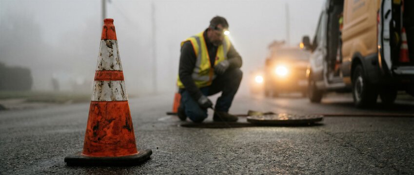 Utility worker inspecting manhole cover on misty road with traffic cone