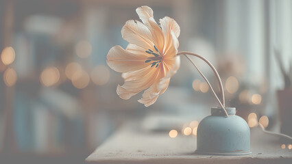 ガラス瓶の中に生けられた一輪のオレンジ色の花のクローズアップ