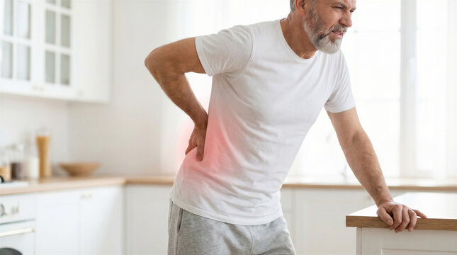 Man suffering from lower back pain in kitchen, touching his aching back