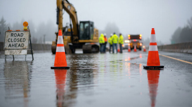Road closed ahead sign and orange cones on a wet road with construction workers and excavator in background
