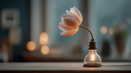 電球の中に一輪の白い花が咲いているシュールな光景