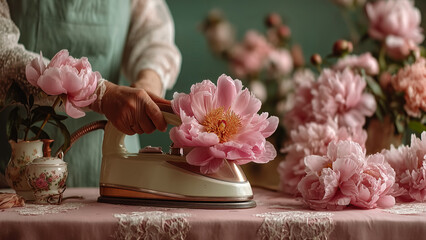 ピンクの花をアイロンで整えているシュールな手元の様子