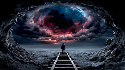 宇宙のような渦巻く空の下で線路の上を歩く人物の後ろ姿