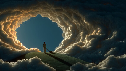 雲の洞窟から黄金の光が差し込む中に立つ人物の幻想的なシーン