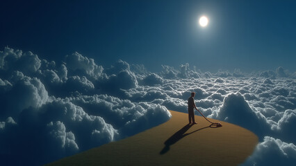 満天の星空の下で雲の丘の上に立つ人物のシルエット