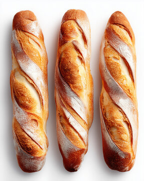 Three fresh baguettes bread loves on white background, top view