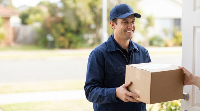 Friendly courier delivering a package to a customer's front door