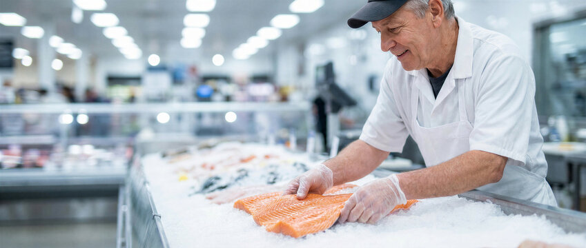 Fishmonger arranging fresh salmon fillets on ice in a supermarket fish display