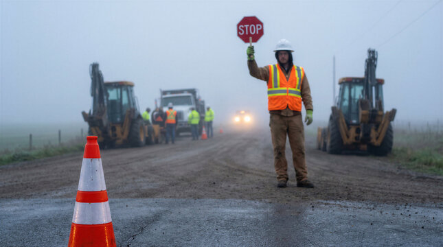 Construction worker holding a stop sign on a foggy road with heavy machinery in background