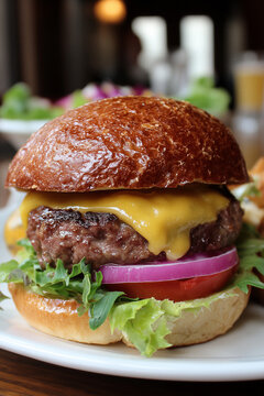 Juicy cheeseburger close-up with melted cheddar, lettuce, tomato and red onion