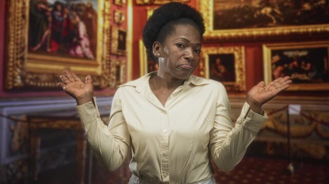 Woman shrugs palms up in a museum gallery among framed classical paintings and rope barrier; uncertainty contemplation.