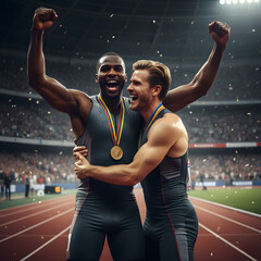 Two athletes celebrating a gold medal victory on a track