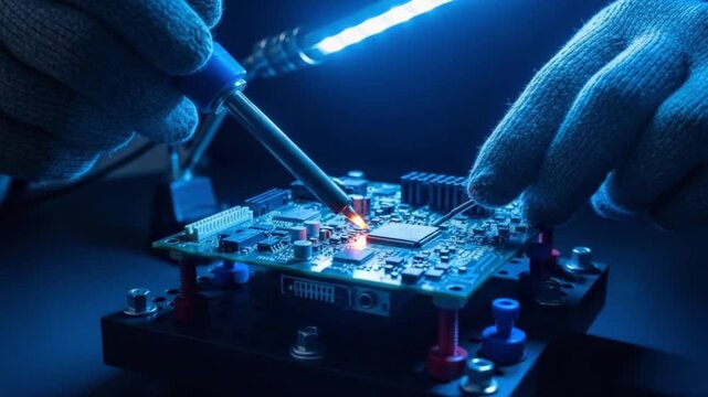 Technician soldering electronic component on circuit board with precision tools