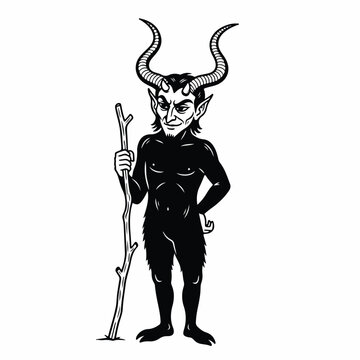 Cartoon devil character with horns and stick