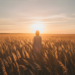 Woman Standing in a Golden Wheat Field at Sunset