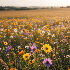 Vibrant Wildflower Meadow in Golden Sunset Light