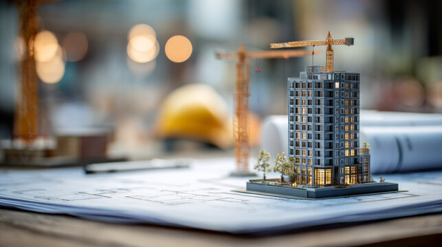 Miniature model of modern building with construction cranes and architectural plans, showcasing detailed design and warm lighting