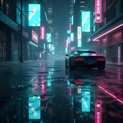 Rear view of a sleek modern supercar on a rainy neon city street