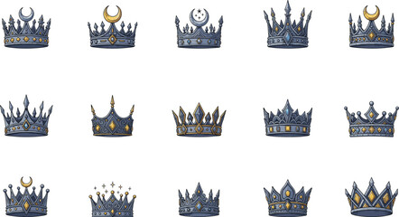 Royal crown illustration set, ornate king queen tiara collection with luxury jewels medieval monarchy symbols isolated vector regal design © LatifunNahar