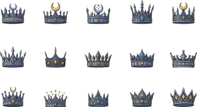 Royal crown illustration set, ornate king queen tiara collection with luxury jewels medieval monarchy symbols isolated vector regal design