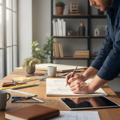 Architect at work sketching blueprints in a modern studio