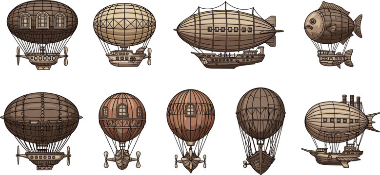 Steampunk airship collection, vintage fantasy dirigible balloons retro flying machines illustration set Victorian aerial transport design isolated icons