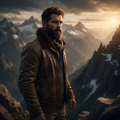 Rugged bearded man in leather jacket overlooking misty mountain peaks