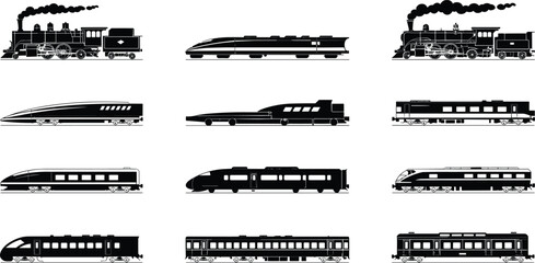 Train silhouettes collection featuring steam locomotives, modern high speed trains and passenger railway cars illustrated in detailed black vector style © LatifunNahar