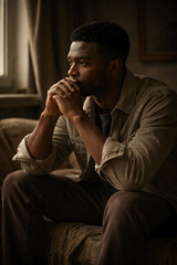 Thoughtful man sitting on a sofa and looking out a window
