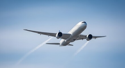 Obraz premium Commercial airplane flying high in a clear blue sky with contrails.