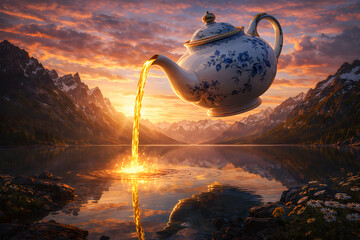 Surreal Floating Teapot Pouring Golden Liquid Into Mountain Lake