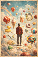 Surreal Dreamscape of a Man Surrounded by Floating Childhood Objects