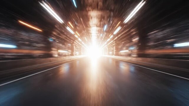 Blurry nighttime scene of a tunnel with colorful streaks of light on the road surface and ceiling