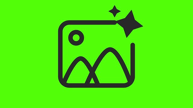 Image Edit Icon on Green Canvas: a creative and minimalistic vector image icon in the shape of picture frame and landscape drawing in it with a star embellishment. Displaying the art style.