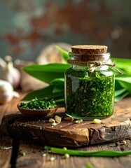 Hausgemachtes B&auml;rlauchpesto auf rustikalem Holztisch mit Platz f&uuml;r Text