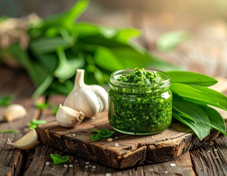 Hausgemachtes B&auml;rlauchpesto auf rustikalem Holztisch mit Platz f&uuml;r Text