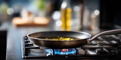Frying pan with oil heating on a gas stove with blue flames