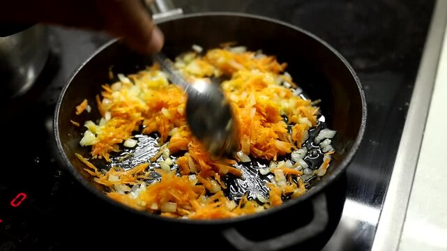 Man's hand stirring blanching carrots and onions in frying pan on stove at home