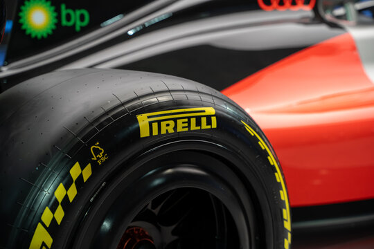Close up of Pirelli racing tire on Formula 1 car. Toronto, Canada - February 18, 2026.
