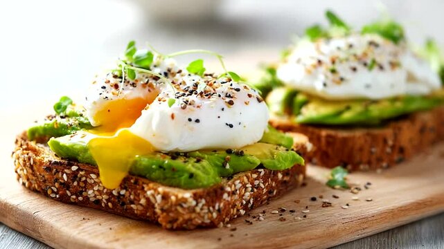 Delicious avocado toast with poached eggs on wood