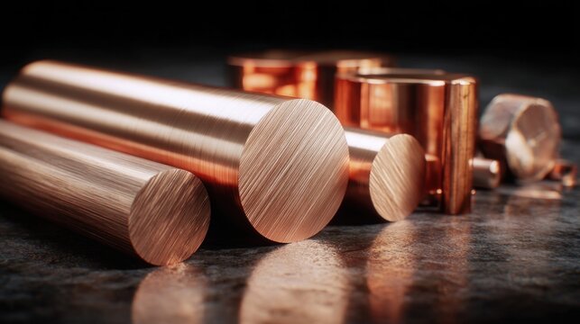 Shiny copper metal rods with brushed texture arranged on a dark reflective surface
